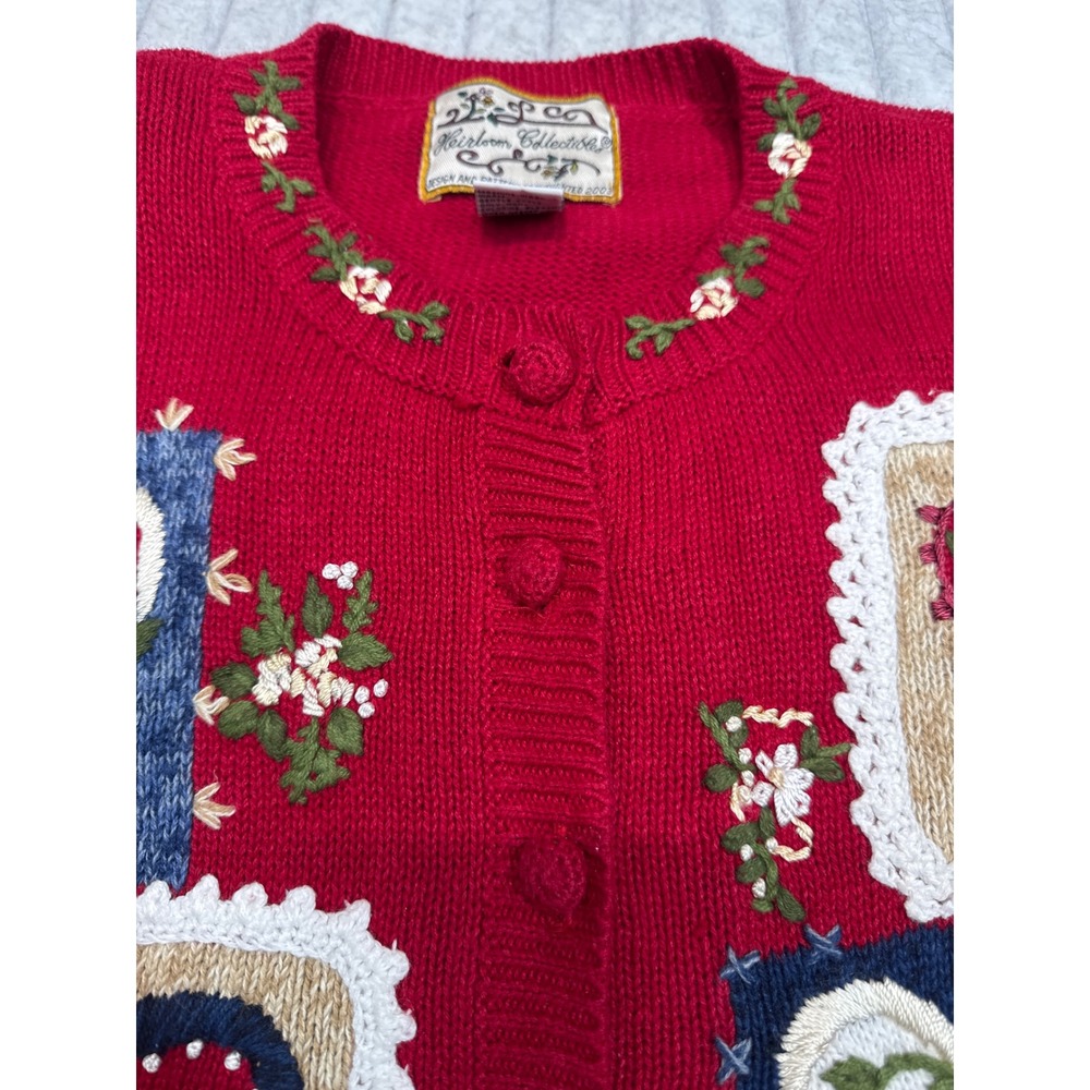 Heirloom Collectibles Red Heart Patch Floral Embroidered Cardigan Sweater Large